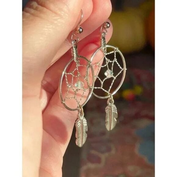 Southwestern Silver Dreamcatcher Statement Earrings – Boho Sterling-Tone Feather - Picture 5 of 10